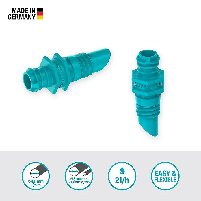 Gardena Micro-Drip Endtropfer - 25 Stk., Max. Wasserdurchfluss: 2 l/h - Nahaufnahme von zwei GARDENA Endtropfern für die Bewässerung, hergestellt in Deutschland.