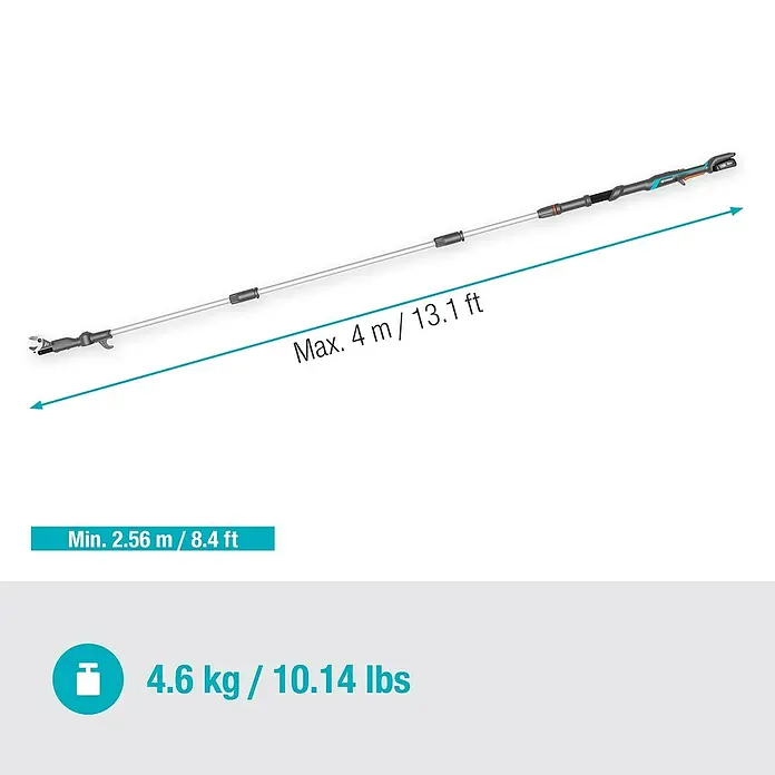 Gardena Power for All 18V Baumschere HighCut - 18 V, 1 Akku, Max. Aststärke: 28 mm, Länge: 360 cm - Abbildung einer Gardena-Teleskopstiel mit den Angaben zu Länge und Gewicht.