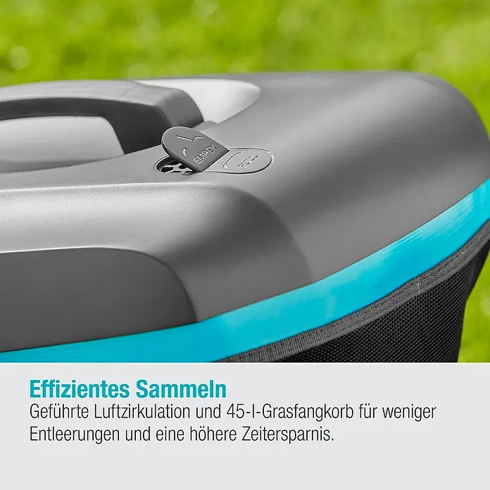 Gardena Elektro-Rasenmäher PowerMax 1800/37 G2 - 1.800 W, Schnittbreite: 37 cm - Aufnahme des Grasfangkorbs eines Rasenmähers, der für effizientes Sammeln entwickelt wurde.