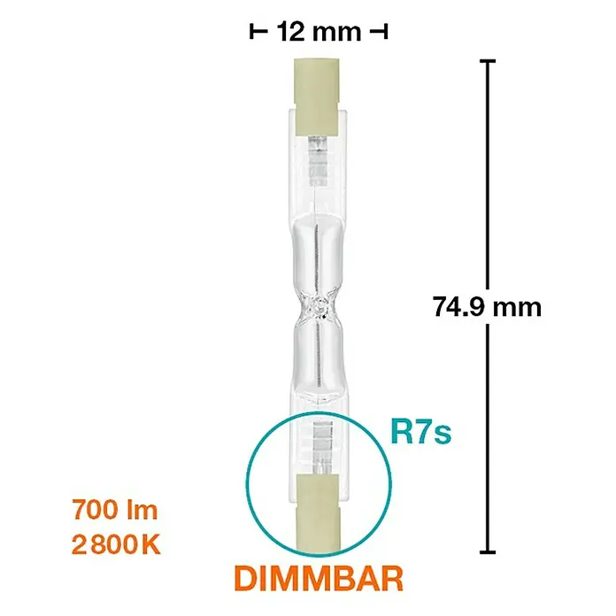 Osram Halogenstab Haloline ECO Superstar - 48 W, R7s, Warmweiß, Länge: 74,9 mm - Detailaufnahme einer R7s Dimmbar Halogenlampe mit den Maßen 12 mm Durchmesser und 74,9 mm Länge. 700 lm, 2800 K.