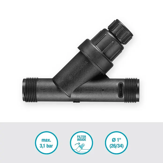 Gardena Sprinklersystem Druckminderer - 1″ - Abbildung eines Gardena Wasserfilters mit Zubehör. Der Filter ist schwarz und hat einen Durchmesser von 1 Zoll (26/34).