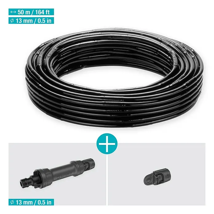 Gardena Micro-Drip Bewässerungs-Set Hecken & Sträucher 50 m Start-Set - Geeignet für: Reihenbewässerung, Pflanzreihen bis 50 m, Schlauchlänge: 50 m - Abgebildet ist ein 50 m langer, schwarzer Gartenschlauch mit 13 mm Durchmesser und Zubehör für die Bewässerung.