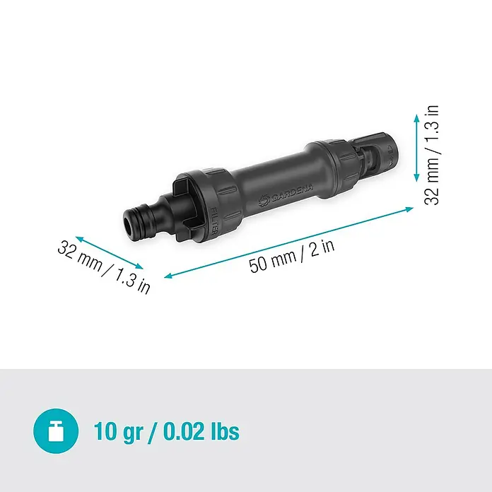Gardena Micro-Drip Hahnanschlussstück - 1/2" x 13 mm - Schwarzer GARDENA Inline-Schlauchfilter aus Kunststoff.