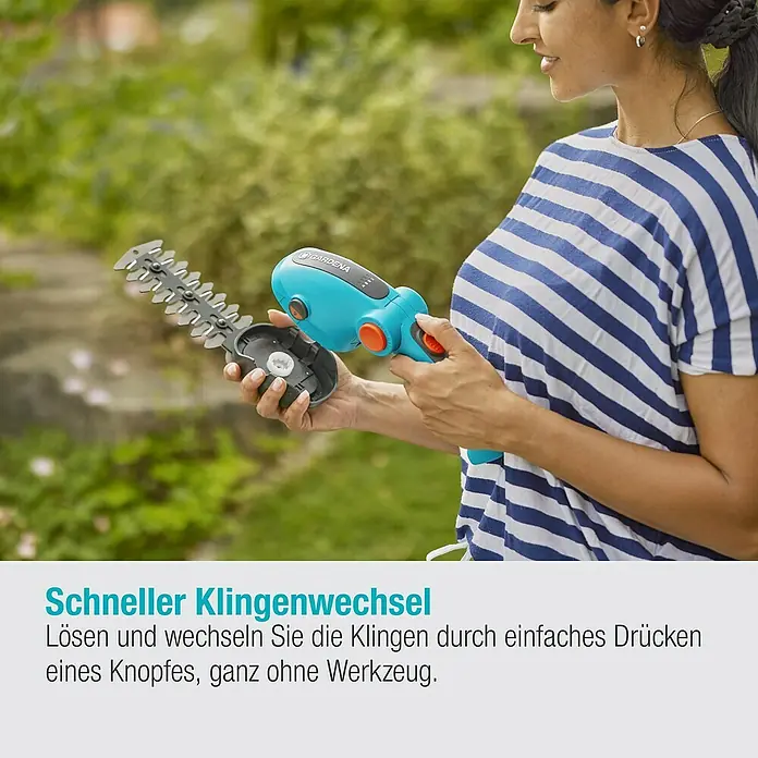 Gardena ComfortCut Akku-Gras- & Strauchschere Li - 3,6 V, Li-Ionen, 1 Akku, Schwertbreite: 8 cm - Eine Frau wechselt die Klinge einer GARDENA Akku-Grasschere. Schneller Klingenwechsel ohne Werkzeug durch Knopfdruck.