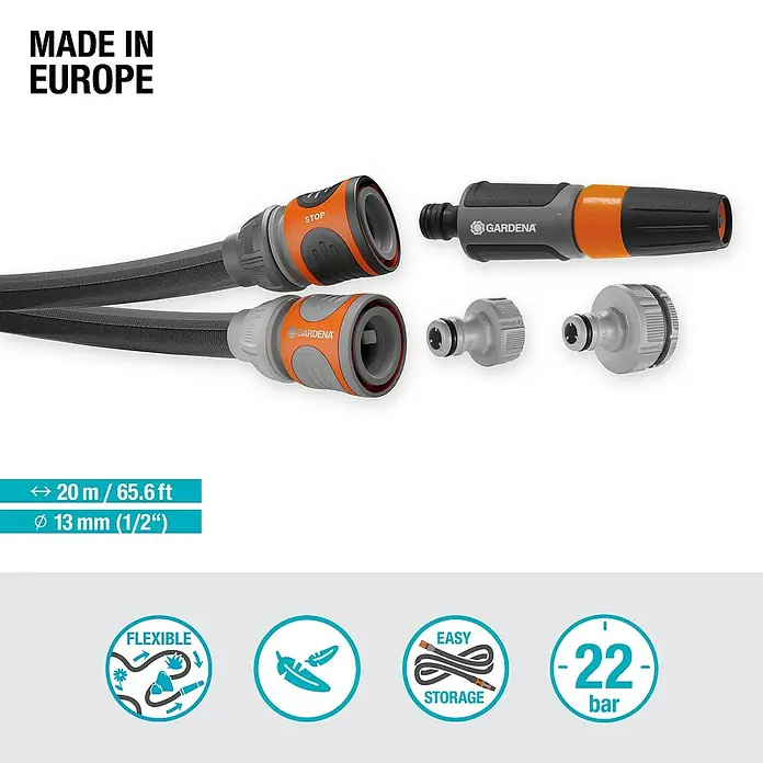 Gardena Gartenschlauch Liano Life Set - 20 m, Schlauchdurchmesser: 13 mm - Gardena Flex-Schlauch-Set mit flexiblen Gartenschlauch, Düse, Kupplung, Wasserstopp und Hahnverbinder für eine einfache Gartenbewässerung.