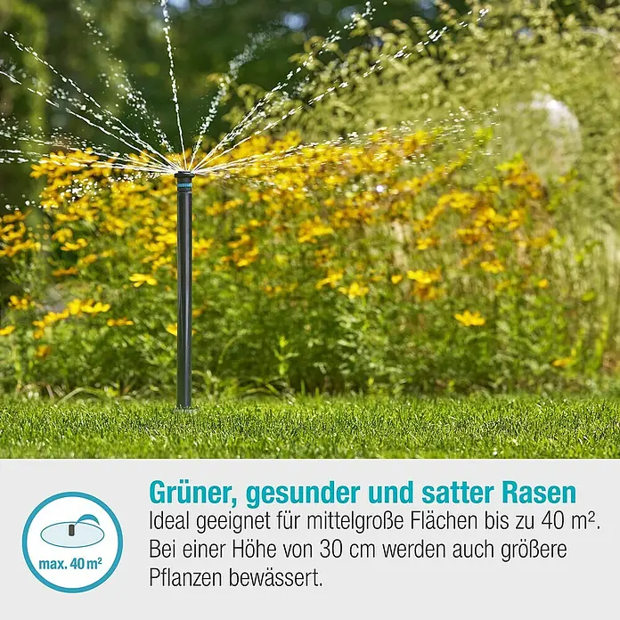 Gardena Sprinklersystem Turbinenversenkregner Pop-up MD40/300 - Max. Regnerfläche: 40 m², Rasenbewässerung - Rasensprenger im Einsatz, ideal für mittelgroße Rasenflächen bis zu 40 m². Sorgt für einen grünen, gesunden und satten Rasen.