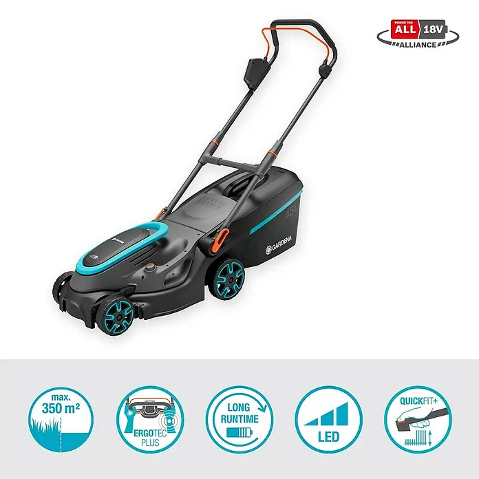 Gardena Power for All 18V Akku-Rasenmäher PowerMax 37/36V - 18 V, 2 Akkus, 4 Ah, Schnittbreite: 37 cm - Abbildung eines GARDENA Akku-Rasenmähers mit praktischen Funktionen wie Ergotec Plus und Quickfit+.