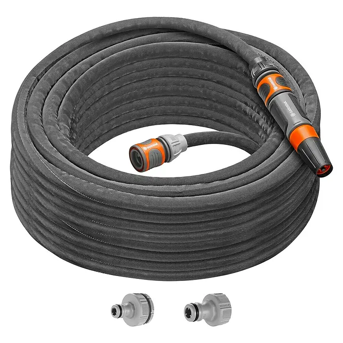 Gardena Gartenschlauch Liano Life Set - 20 m, Schlauchdurchmesser: 13 mm - Grauer Gardena Textilschlauch mit zwei Kupplungen und einer Spritze für Bewässerungsarbeiten im Garten oder auf der Terrasse.