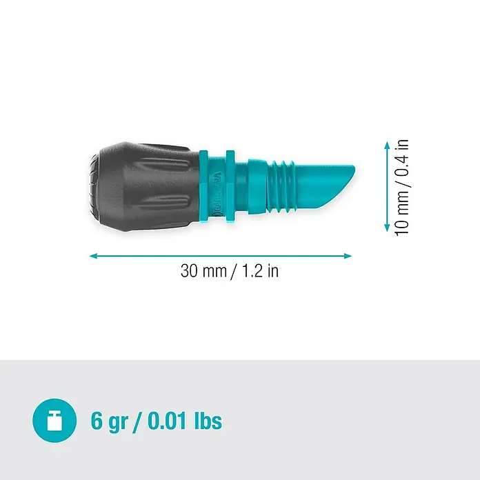 Gardena Micro-Drip Nebeldüse - 1/2" x 13 mm - Nahaufnahme eines GARDENA Regulierbaren Endtropfers zur präzisen Bewässerung, mit Maßangaben zu Größe und Gewicht.
