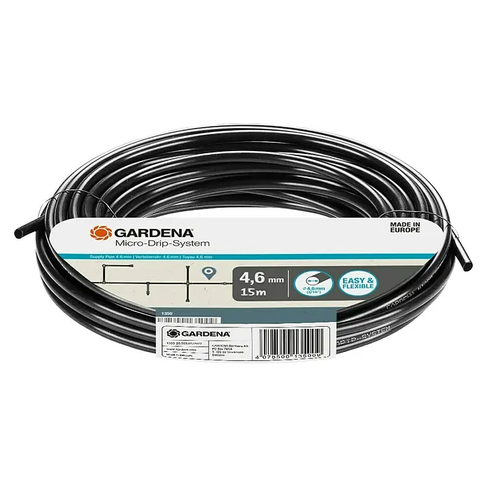 Gardena Micro-Drip Verteilerrohr - 15 m, ³⁄₁₆″ - Bild von Gardena Micro-Drip-System-Schlauch, 4,6 mm Durchmesser, 15 m Länge, flexibel und einfach zu verlegen, hergestellt in Europa.