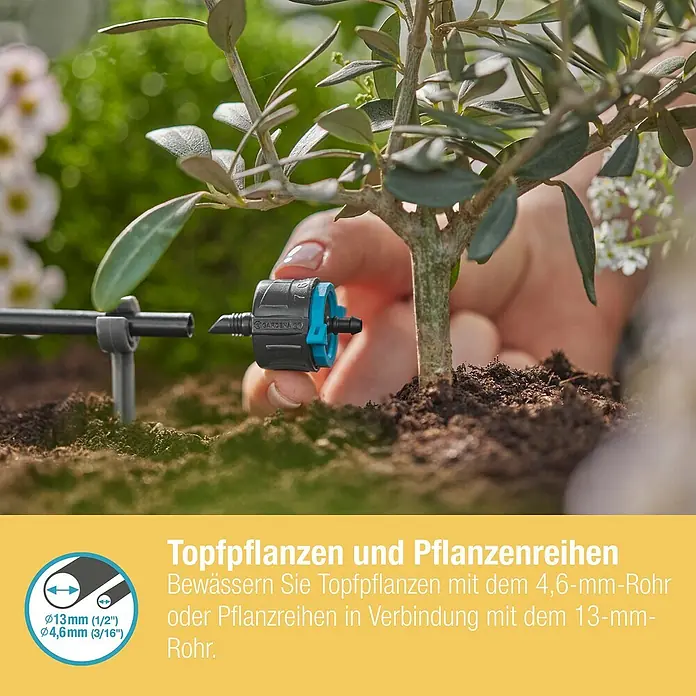 Gardena Micro-Drip Endtropfer druckregulierend - 5 Stk., Max. Wasserdurchfluss: 8 l/h - Nahaufnahme der Gardena Micro-Drip-Systemkomponenten für Topfpflanzen und Pflanzenreihen.