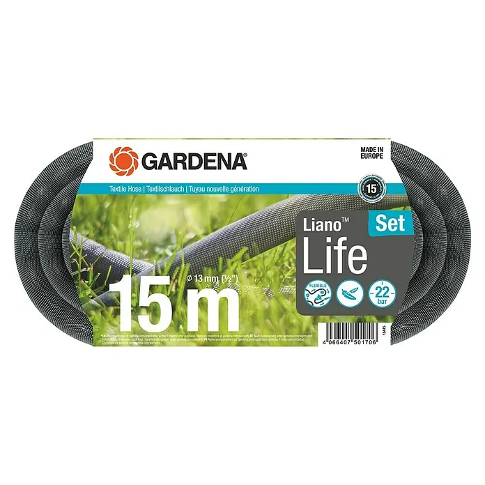 Gardena Gartenschlauch Liano Life Set - 15 m, Schlauchdurchmesser: 13 mm - Nahaufnahme einer GARDENA Liano Life Textil-Gartenschlauch-Set-Verpackung mit einer Länge von 15 Metern und einem Durchmesser von 13 mm.