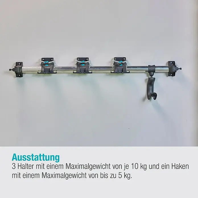 Gardena Halterung Plus - Traglast: 10 kg - Wandhalterung mit drei Haltern und einem Haken zur Aufbewahrung von Gegenständen.