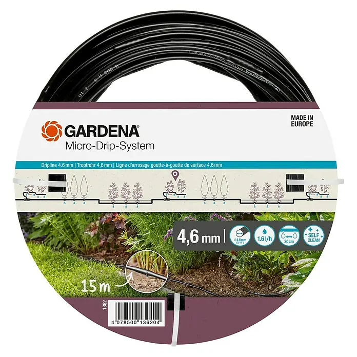Gardena Micro-Drip Tropfrohr - Geeignet für: Randbewässerung, Anwendungsbereich: Außen, Länge: 15 m - Abbildung der GARDENA Micro-Drip-System-Dripline 4,6 mm, die sich ideal für die Bewässerung von Pflanzen eignet.