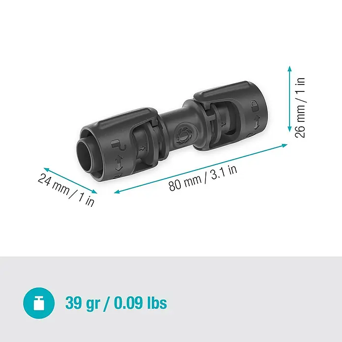 Gardena Micro-Drip Verbinder - Passend für: Gardena Verlegerohre, 1/2" x 13 mm, 3 Stk. - Das Bild zeigt ein schwarzes Verbindungsstück mit den Maßen 24 mm x 26 mm x 80 mm und einem Gewicht von 39 Gramm.