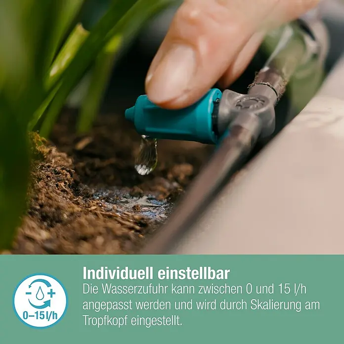 Gardena Micro-Drip Regulierbarer Reihentropfer - 10 Stk., 15 l/h - Nahaufnahme eines Bewässerungssystems mit individuell einstellbarer Wasserdurchflussmenge für Pflanzen.