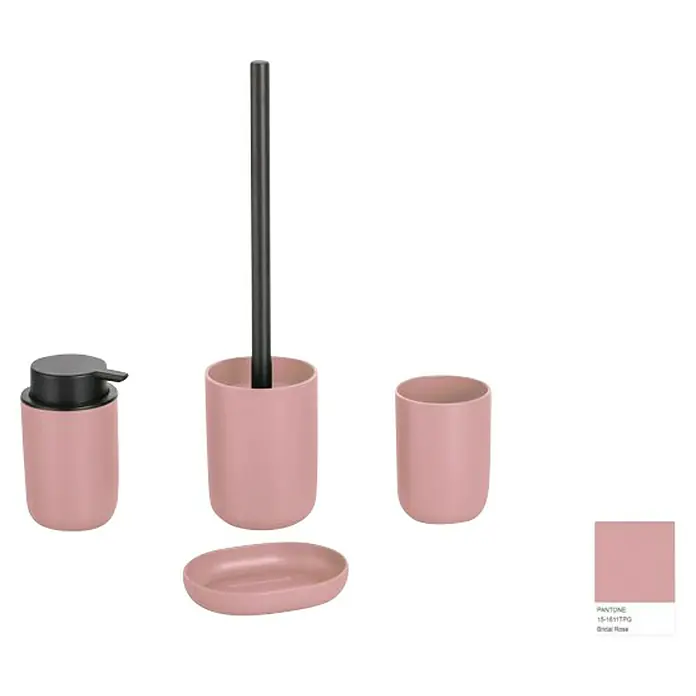 Set de accesorios de baño Today 1 - Plástico, Rosa, 4 pzs. - Juego de accesorios de baño rosa con dispensador de jabón, vaso, jabonera y escobilla de baño.