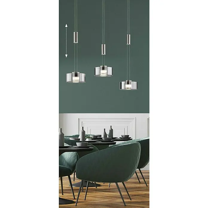 Fischer & Honsel LED-Pendelleuchte Lavin - 27 W, L x B x H: 100 x 20 x 160 cm, Rauchfarben, Nickel/Chrom, Warmweiß, 3 Stk. - Moderne Pendelleuchten mit verstellbarer Höhe über einem Esstisch, stilvolles Design für zeitgemäße Innenräume.