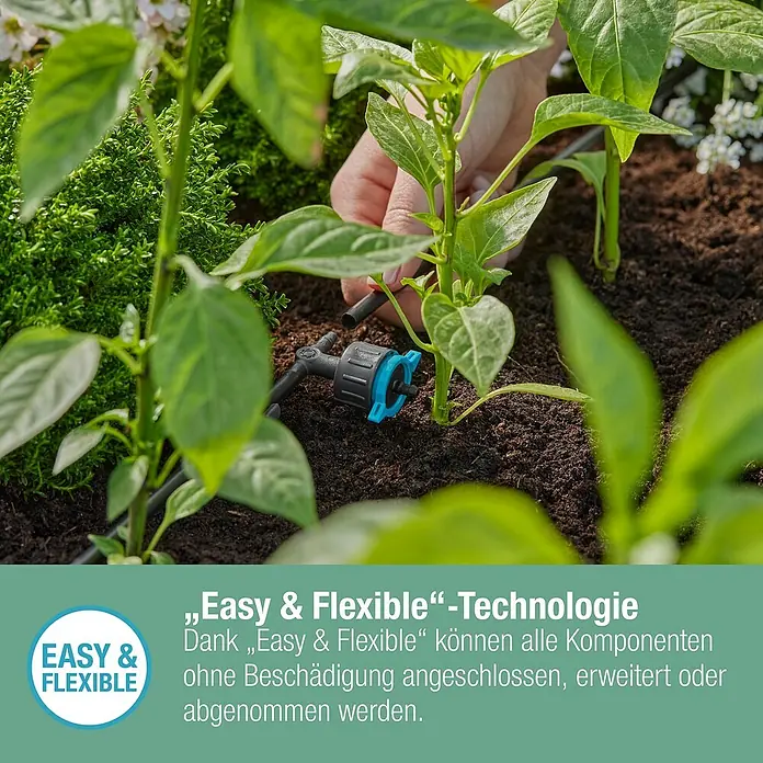 Gardena Micro-Drip Reihentropfer druckregulierend - 5 Stk., Max. Wasserdurchfluss: 8 l/h - Nahaufnahme des flexiblen Bewässerungssystems von Gardena, das einfach zu installieren und zu erweitern ist.