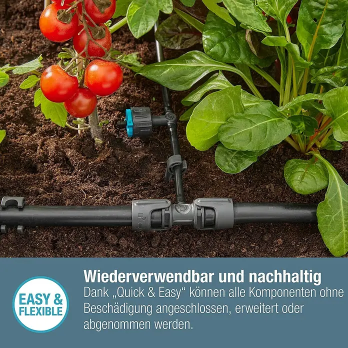 Gardena Micro-Drip Verbinder - 3/16" x 4,6 mm, 5 Stk. - Nahaufnahme eines Bewässerungssystems im Garten. Wiederverwendbare und nachhaltige "Quick & Easy" Komponenten.