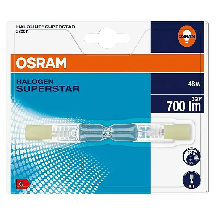 Osram Halogenstab Haloline ECO Superstar - 48 W, R7s, Warmweiß, Länge: 74,9 mm - HALOLINE® SUPERSTAR Halogenlampe mit 2800K Farbtemperatur, 48W Leistung und 700 lm Lichtstrom in der Produktverpackung.