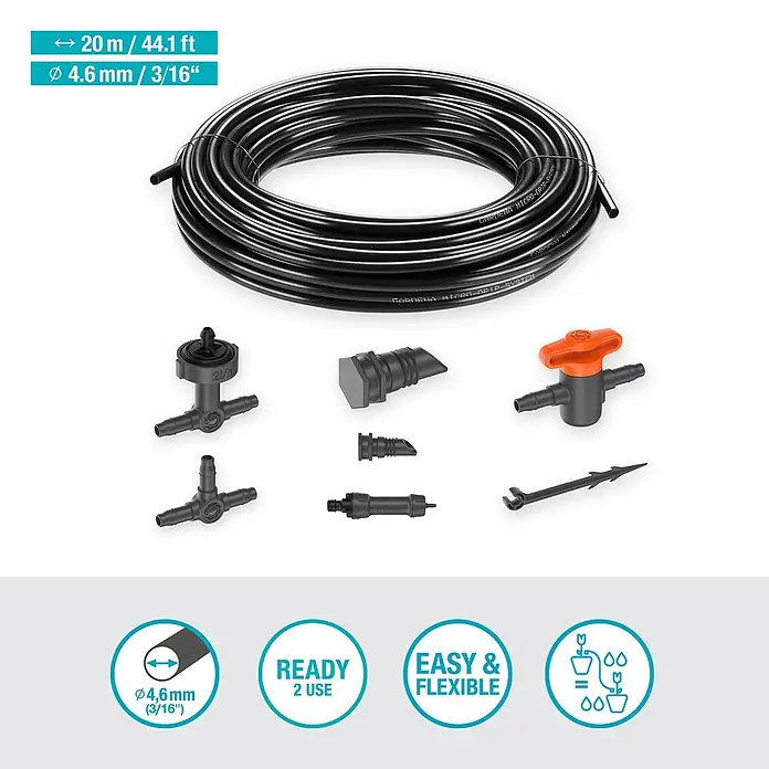Gardena Micro-Drip Bewässerungs-Set Balkon Start-Set - Geeignet für: Bis zu 15 Topfpflanzen, Passend für: Bis zu 15 Topfpflanzen - Das Bild zeigt ein Gardena Micro-Drip-System Set mit 20m Schlauch und diversen Verbindungsstücken für die Bewässerung von Pflanzen.
