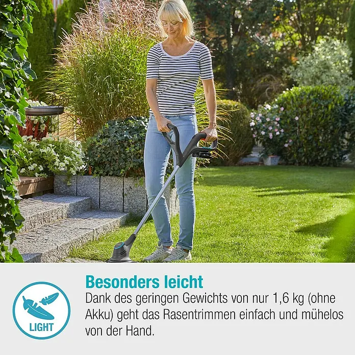 Gardena Power for All 18V Akku-Rasentrimmer - 18 V, 2 Ah, Li-Ionen, Ohne Akku, Schnittbreite Messer: 23 cm - Frau benutzt leichten Rasentrimmer im Garten.