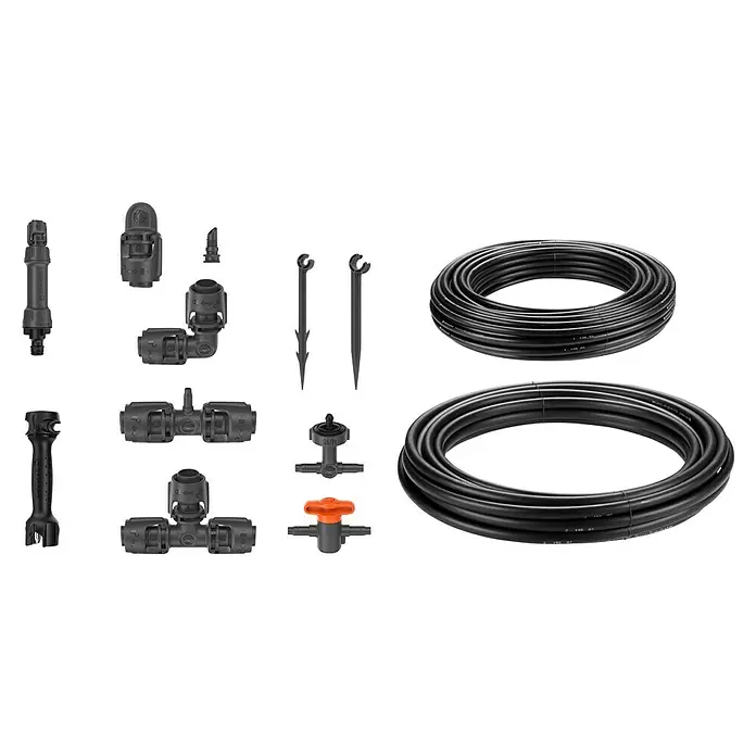 Gardena Micro-Drip Bewässerungs-Set Hochbeet/Beet Start-Set - 35 -tlg., Geeignet für: Reihenbewässerung, 35 Pflanzen - Produktbild eines Bewässerungssystems mit Schläuchen, Verbindungsstücken und Bewässerungspfählen für den Garten.