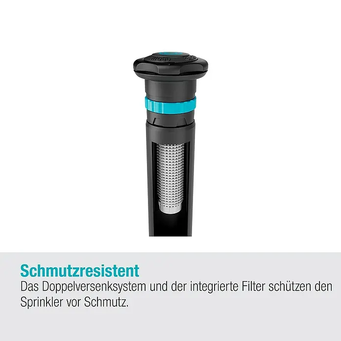Gardena Sprinklersystem Turbinenversenkregner MD 80 - Max. Regnerfläche: 80 m², Rasenbewässerung - Nahaufnahme eines versenkregners mit Schmutzfilter, der den Regner vor Verstopfung schützt.