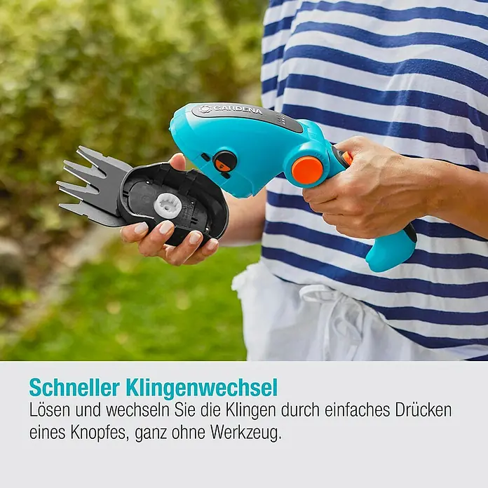 Gardena ComfortCut Akku-Grasschere Li - 3,6 V, 1 Akku, Schwertbreite: 8 cm, Akkulaufzeit: 80 min - GARDENA Akku-Grasschere mit Wechselklingen. Einfacher Klingenwechsel per Knopfdruck, ohne Werkzeug. Ideal für präzise Rasenkantenpflege.