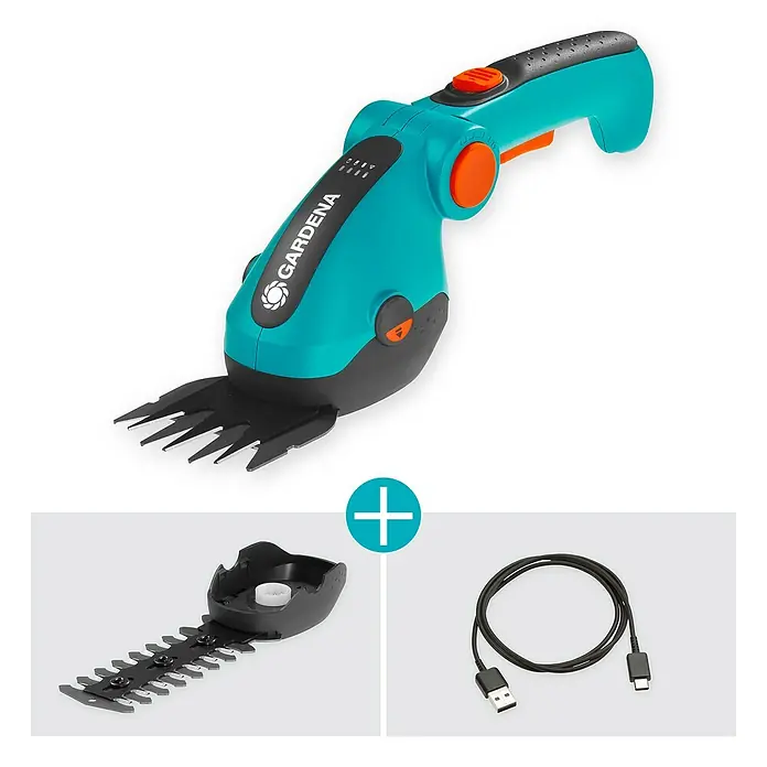 Gardena ComfortCut Akku-Gras- & Strauchschere Li - 3,6 V, Li-Ionen, 1 Akku, Schwertbreite: 8 cm - Gardena Akku-Grasschere Set mit USB-Ladekabel und Wechselmesser. Ideal für präzise Rasenkanten und Formschnitte im Garten.