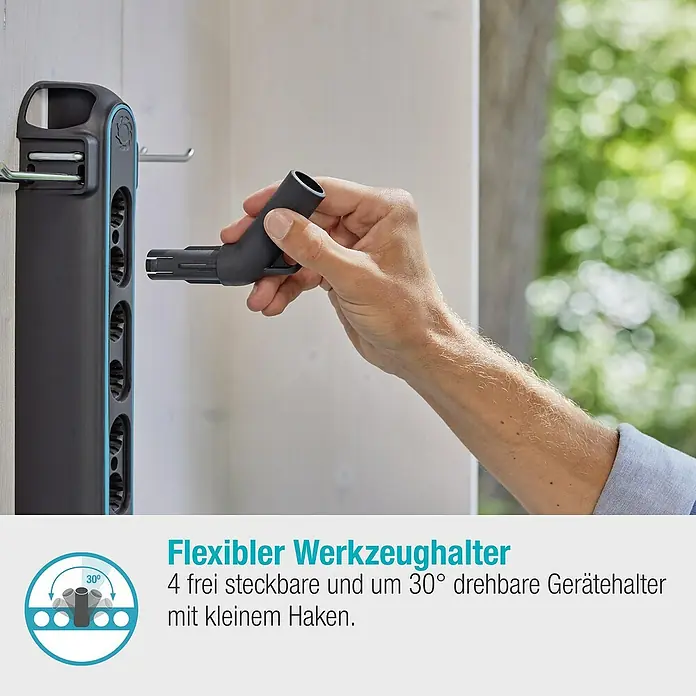 Gardena Combisystem Geräteleiste Flex - Passend für: GARDENA combisystem Geräte und Stiele - Flexibler Werkzeughalter mit vier frei steckbaren und um 30° drehbaren Gerätehaltern zum Aufhängen von Gartengeräten und Werkzeugen.