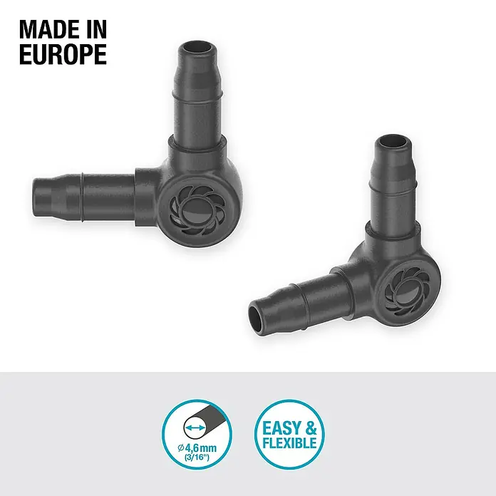 Gardena Micro-Drip L-Stück - Durchmesser Anschluss: 4,6 mm, 10 Stk., Kunststoff - Abbildung zweier schwarzer Bewässerungswinkelverbinder für 4,6mm Schläuche, die in Europa hergestellt wurden und einfach und flexibel sind.