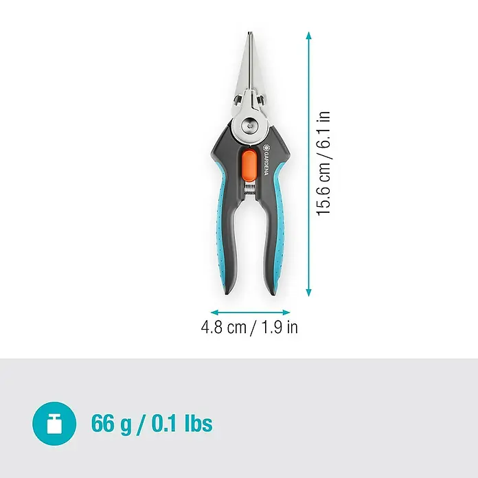 Gardena Schere GripCut - Länge: 15,6 cm - Bild einer Gardena Micro-Cut-Blumenschere mit den Maßen 15,6 cm Länge und 66 g Gewicht.