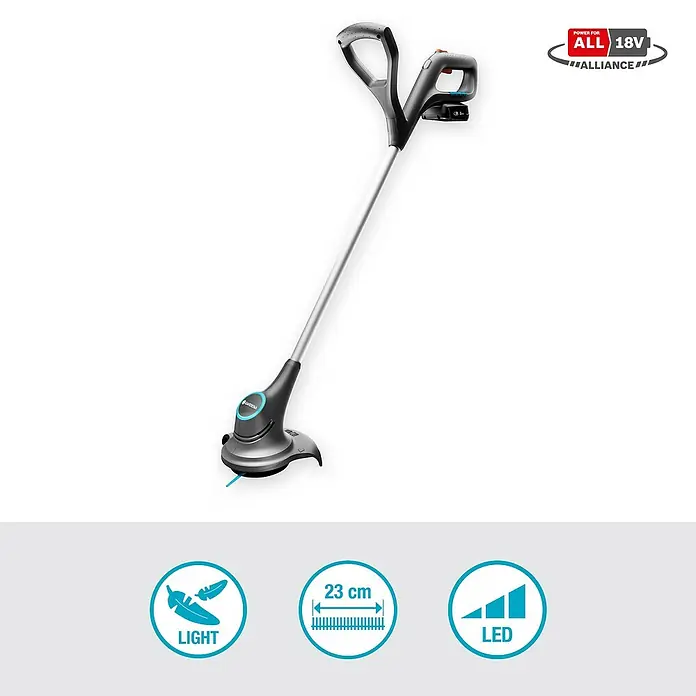 Gardena Power for All 18V Akku-Rasentrimmer - 18 V, 2 Ah, Li-Ionen, 1 Akku, Schnittbreite Messer: 23 cm - Die Gardena Akku-Trimmer mit leichtem Design, 23 cm Schnittbreite und LED-Anzeige sind ideal für präzise Rasenpflege.