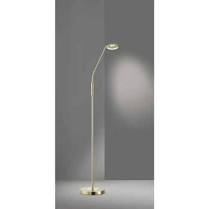Fischer & Honsel Dent LED-Stehleuchte - 6 W, Höhe: 150 cm, Messing, Mehrfarbig, 1 Stk. - Eine goldene Stehlampe mit einem runden Lampenkopf, die ein warmes Licht ausstrahlt, vor einem grauen Hintergrund.