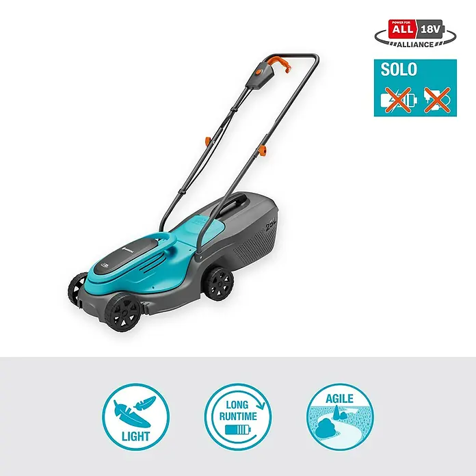 Gardena Power for All 18V Akku-Rasenmäher - 18 V, Ohne Akku, 4 Ah, Schnittbreite: 30 cm - Abbildung eines Gardena Akku-Rasenmähers, der leicht, agil ist und eine lange Laufzeit hat. Er ist Teil der 18V Power ALLIANCE.