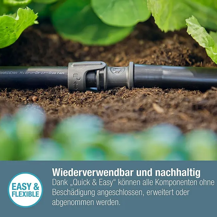 Gardena Micro-Drip Verbinder - 1/2" x 13 mm, Passend für: Gardena Verlegerohre, 1 Stk. - Nahaufnahme eines GARDENA Micro-Drip-Systems, das für eine einfache und flexible Gartenbewässerung wiederverwendbar und nachhaltig ist.