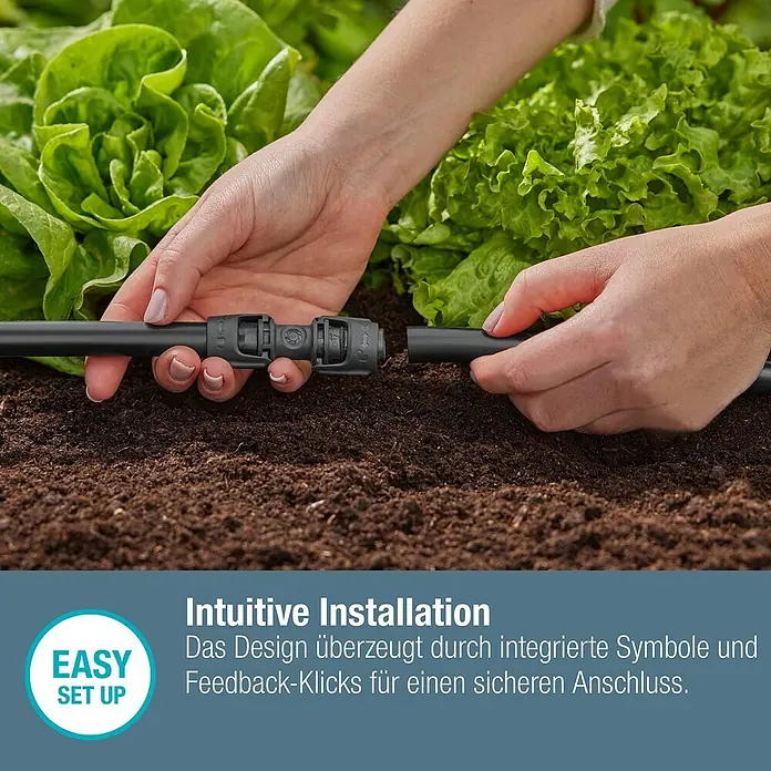 Gardena Micro-Drip Verbinder - Passend für: Gardena Verlegerohre, 1/2" x 13 mm, 3 Stk. - Bild einer Person, die ein Bewässerungssystem für den Garten aufbaut. Einfache Installation mit integrierten Symbolen.