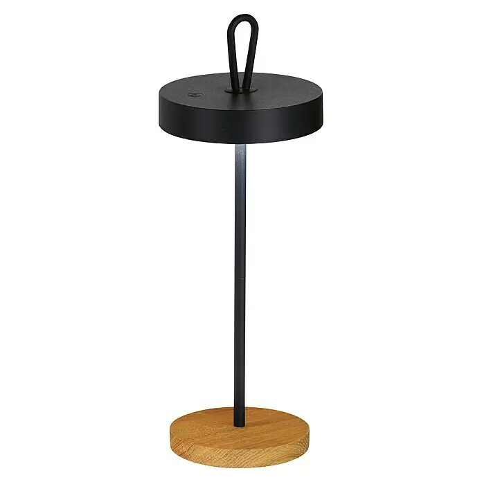 Fischer & Honsel Akku-Tischleuchte SHINE-WOOD - 2,5 W, L x B x H: 12,8 x 12,8 x 46,6 cm, Sandschwarz, Warmweiß, IP54 - Schwarze tragbare Tischlampe mit Schlaufengriff und Holzfuß.