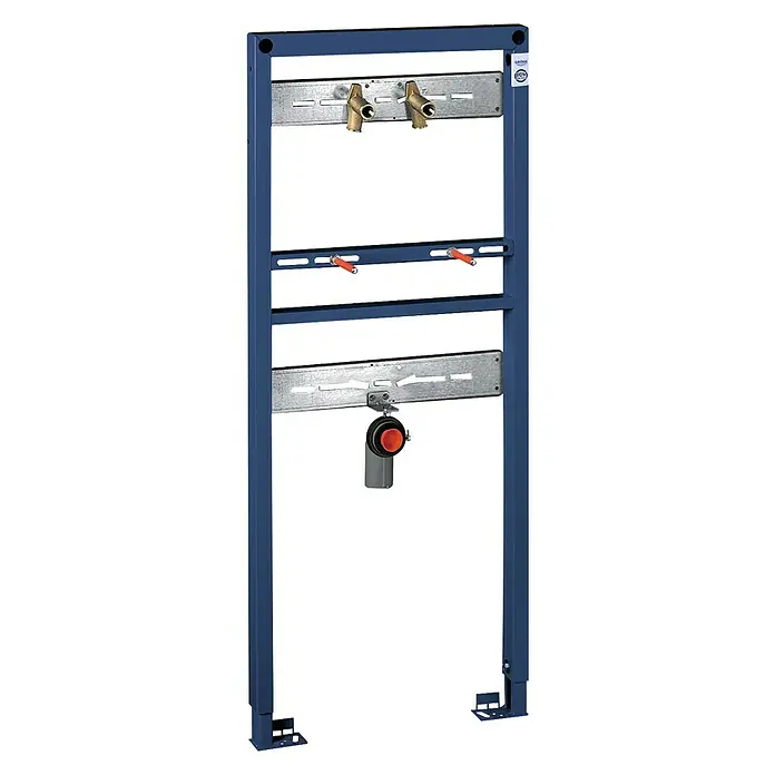 Grohe Rapid SL Waschtisch-Vorwandelement - 7,5 x 50 x 130 cm, Mit Armaturenanschluss, Pulverbeschichtet - Vorwandelement für WC-Installation: Eine robuste, blaue Rahmenkonstruktion mit integrierten Anschlüssen für eine einfache und sichere Montage.