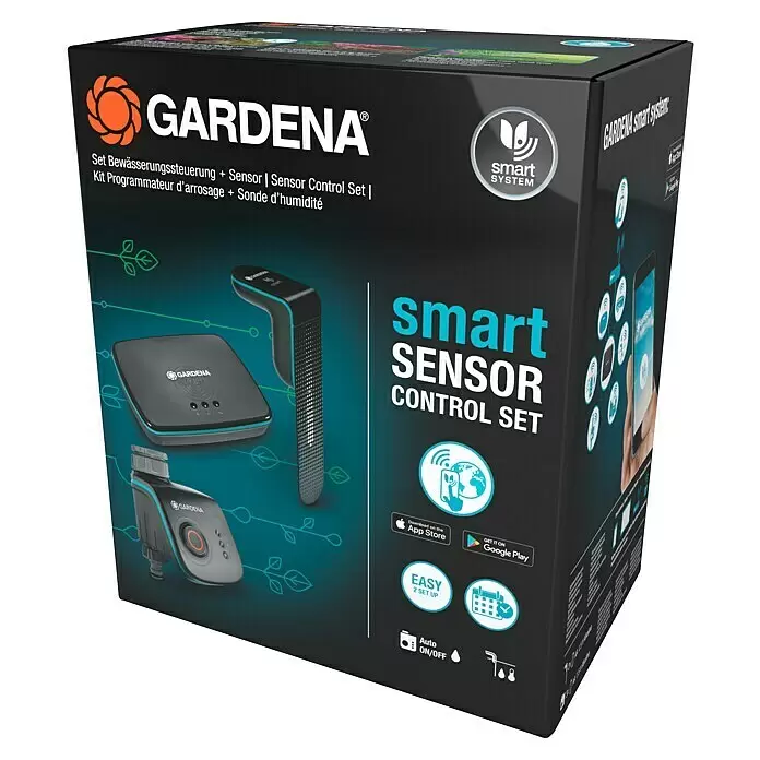 Gardena Smart system Bodenfeuchtesensor Control Set - Passend für: Verbindung von elektrischen Geräten aus dem Gardena smart system - GARDENA smart Sensor Control Set Box. Dunkelgraue Verpackung mit Produktbildern und Funktionen für intelligente Gartenbewässerung.