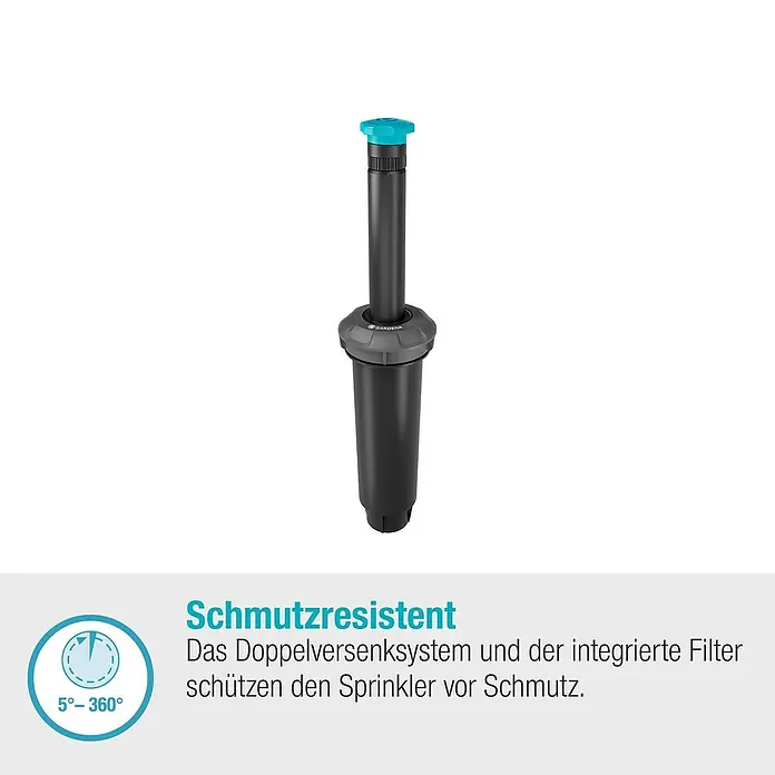 Gardena Sprinklersystem Turbinenversenkregner Pop-up SD30 - Max. Regnerfläche: 30 m², Rasenbewässerung - Bild eines GARDENA Viereckregners mit Schmutzresistenz, für präzise und gleichmäßige Bewässerung.