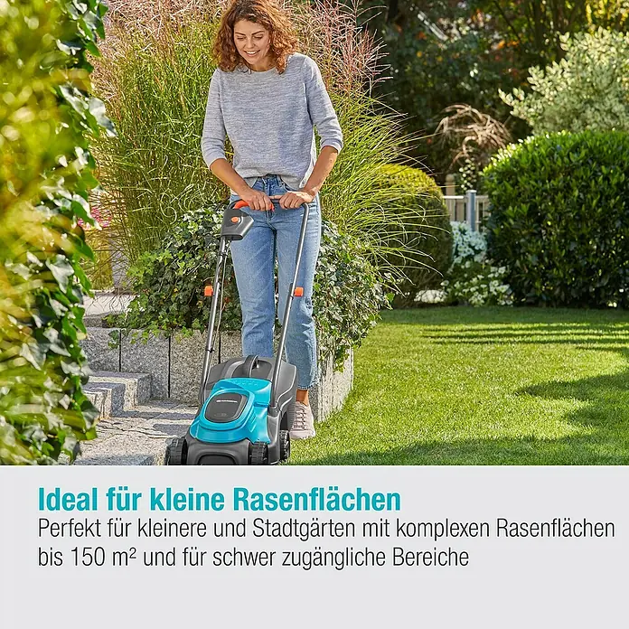 Gardena Power for All 18V Akku-Rasenmäher - 18 V, 1 Akku, 4 Ah, Schnittbreite: 30 cm - Eine Frau benutzt einen hellblauen Rasenmäher im Garten, ideal für kleine Rasenflächen bis 150 m².