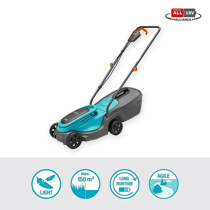 Gardena Power for All 18V Akku-Rasenmäher - 18 V, 1 Akku, 4 Ah, Schnittbreite: 30 cm - Abbildung eines Gardena Akku-Rasenmähers. Ein leichtes und wendiges Gartengerät für Flächen bis zu 150 m², mit langer Laufzeit.