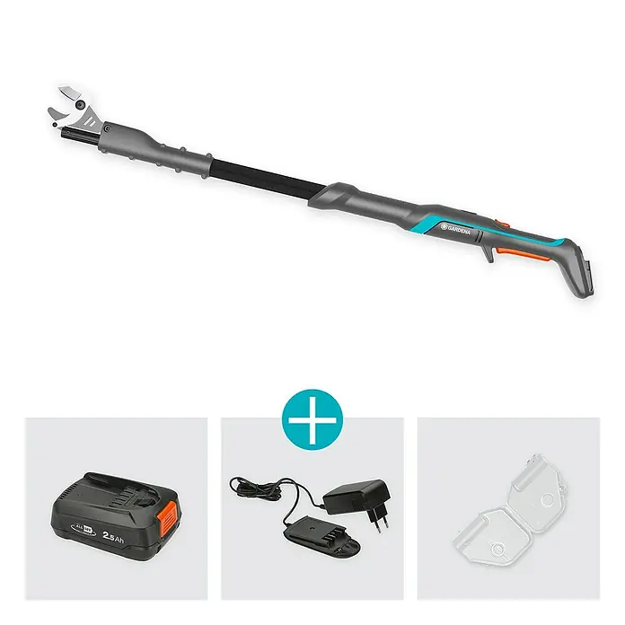 Gardena Power for All 18V Baumschere EasyCut - 18 V, 1 Akku, Max. Aststärke: 32 mm - GARDENA Akku-Astschneider mit Akku, Ladegerät und Aufbewahrungsbox. Das perfekte Set für müheloses Schneiden von Ästen in großer Höhe.