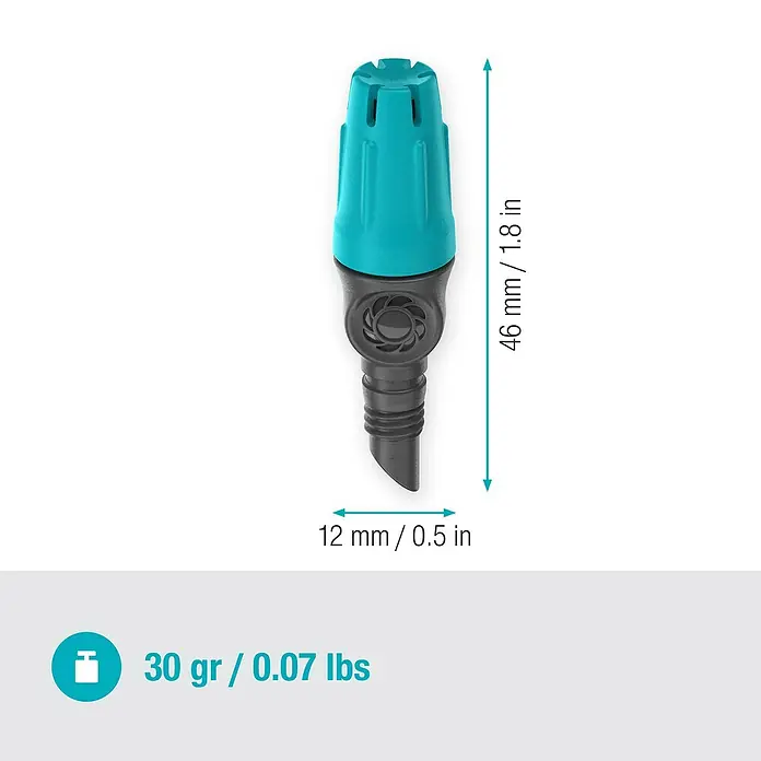 Gardena Micro-Drip Kleinflächendüse - 10 Stk., 1/2" x 13 mm - Nahaufnahme eines Bewässerungsreglers mit Maßangaben für Größe und Gewicht.