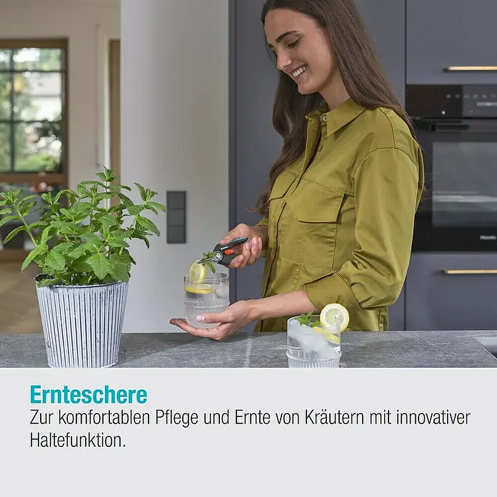 Gardena Schere GripCut - Länge: 15,6 cm - Frau schneidet Kräuter mit der Ernteschere in ein Getränk. Die Ernteschere ist ideal für die komfortable Pflege und Ernte von Kräutern.