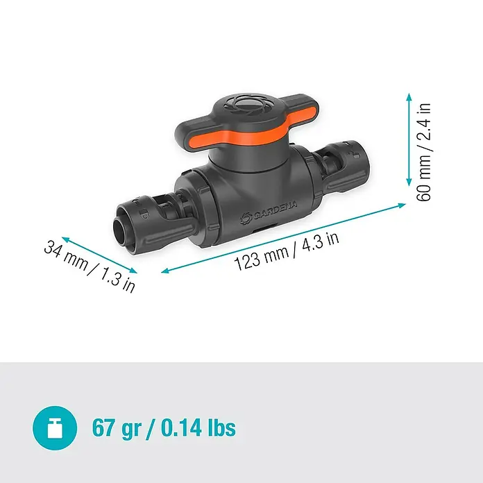 Gardena Micro-Drip Regulierventil - 13 mm, Kunststoff - Produktbild eines Gardena-Wasserhahns mit Größenangaben, ideal zur Regulierung der Wassermenge im Garten.