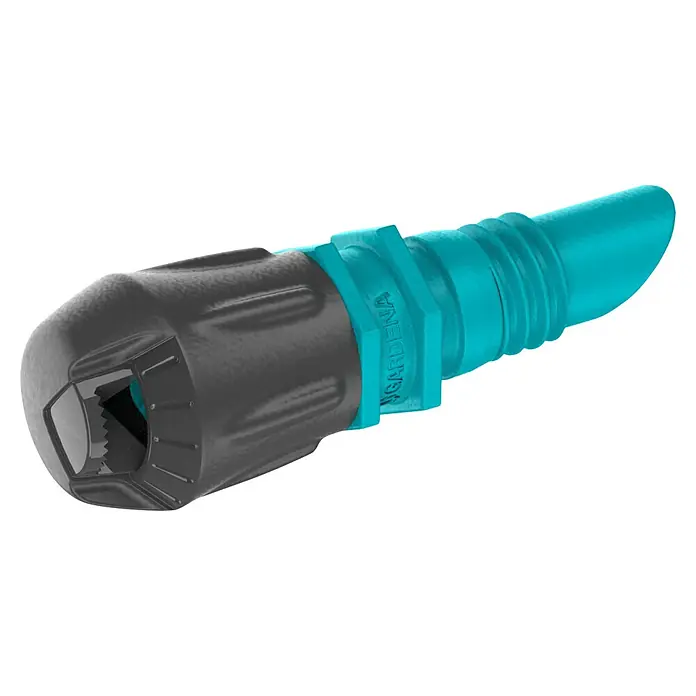 Gardena Micro-Drip Sprühdüse 90° - 5 Stk., 90 ° - Nahaufnahme eines GARDENA-Gartenschlauchadapters mit einem grauen Griff und einem türkisfarbenen Anschluss für eine sichere und zuverlässige Wasserversorgung.